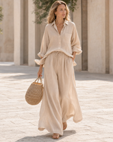 Casual Loose Cotton Linen Long Sleeve Shirt and Wide-leg Pants Set