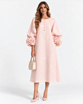 Cotton Linen Puff Sleeve Midi Dress