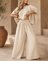 100% Cotton-Linen Relaxed Wide-Leg Set