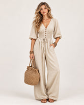 Women's Linen Blend V-Neck Wide-Leg Jumpsuit