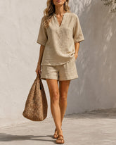 Relaxed Linen V-Neck Shorts Set
