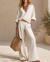 Casual Linen V-Neck Wide Leg Two-Piece Set
