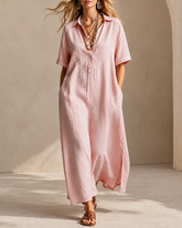 Casual Loose Cotton Linen Collared Short Sleeve Long Dress