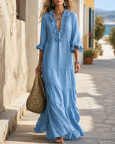 Bohemian Deep V Ruffle Casual Cotton Linen Long Dress