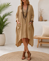 Deep V Cotton Linen Irregular Casual Loose Dress