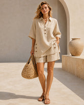 Casual Cotton Linen Collared Short Sleeve Top and Shorts Set