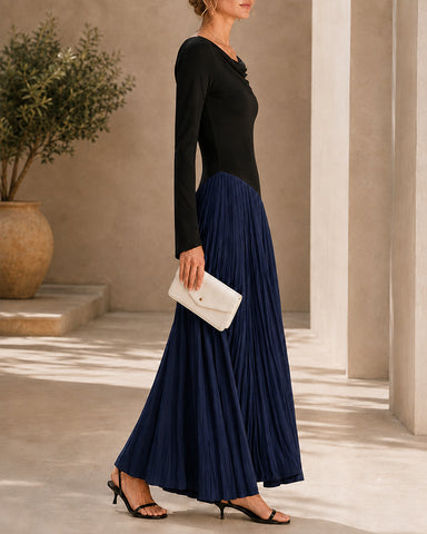 Casual Colorblock Cowlette Neckline Long Dress