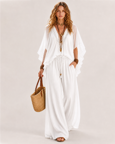 Deep V Chiffon Top and Drawstring Wide-Leg Pants