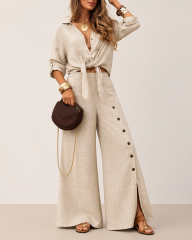 Cotton Linen Shirt & Wide-Leg Pants Set