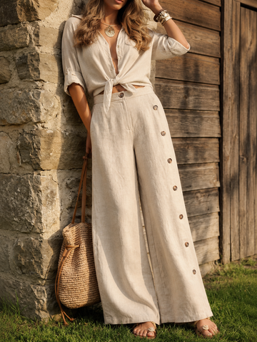 Cotton Linen Shirt & Wide-Leg Pants Set