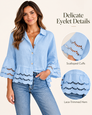 Women's Cotton Linen Lace Trim Blouse