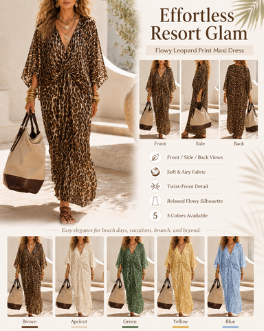 Deep V Leopard Print Batwing Sleeve Maxi Dress