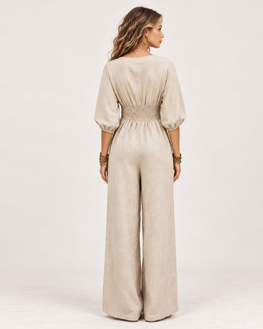 Women's Linen Blend V-Neck Wide-Leg Jumpsuit