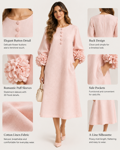 Cotton Linen Puff Sleeve Midi Dress