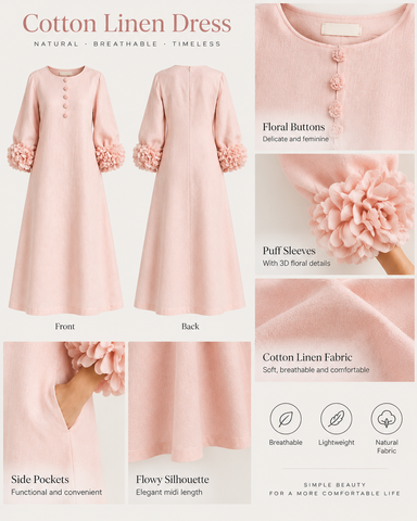 Cotton Linen Puff Sleeve Midi Dress