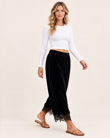Corduroy Floral Lace Trim Wide Leg Pants