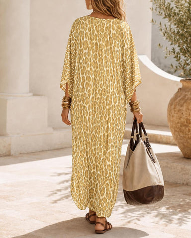 Deep V Leopard Print Batwing Sleeve Maxi Dress