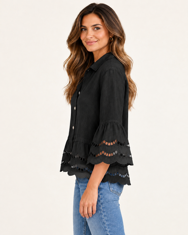 Women's Cotton Linen Lace Trim Blouse