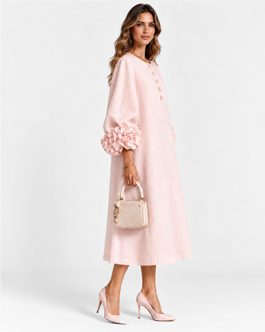 Cotton Linen Puff Sleeve Midi Dress