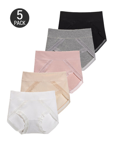 5-Pack Pure Cotton Lace Trim Breathable Tummy Control Panties