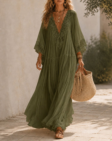 Deep V Lace Chiffon Batwing Sleeve Long Dress