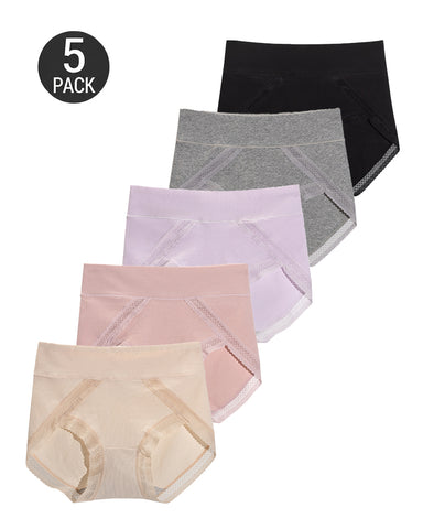 5-Pack Pure Cotton Lace Trim Breathable Tummy Control Panties
