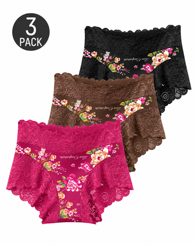 3-Pack High Waist Floral Print Lace Trim Panties
