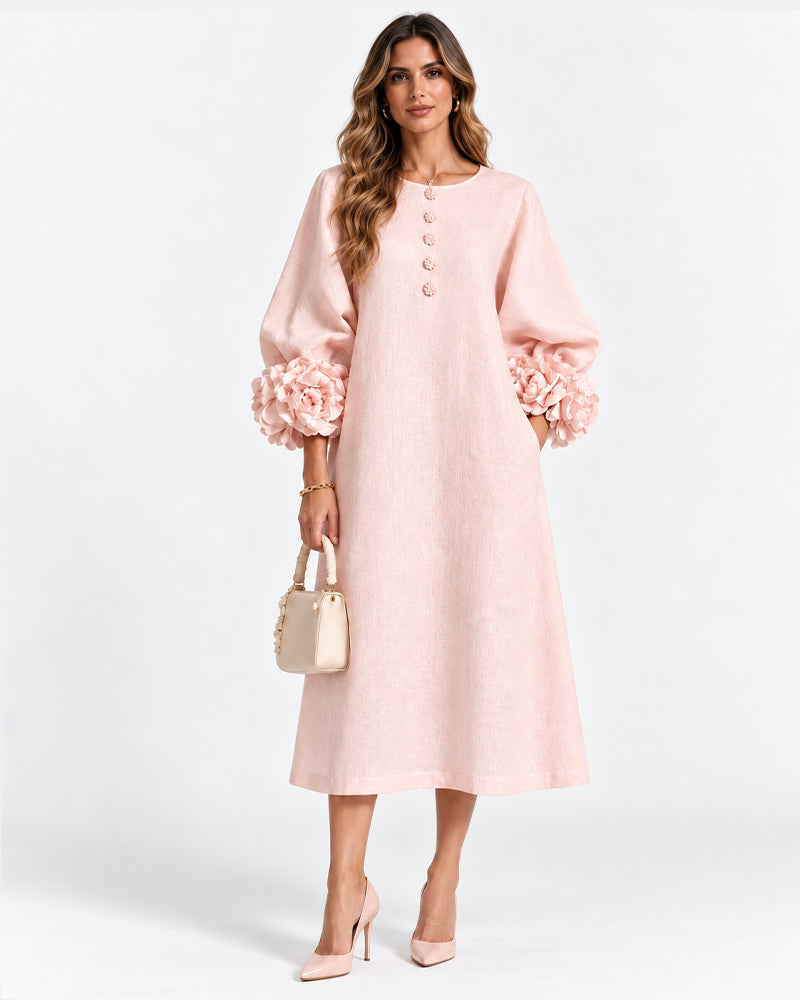 Cotton Linen Puff Sleeve Midi Dress