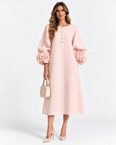 Cotton Linen Puff Sleeve Midi Dress