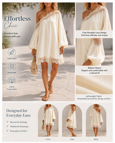 Off-Shoulder Lace Trim Chiffon Lantern Sleeve Dress