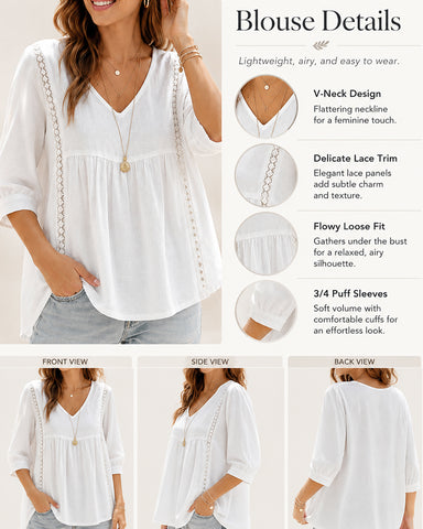 Casual Loose V Neck Cotton Linen Puff Sleeve Top
