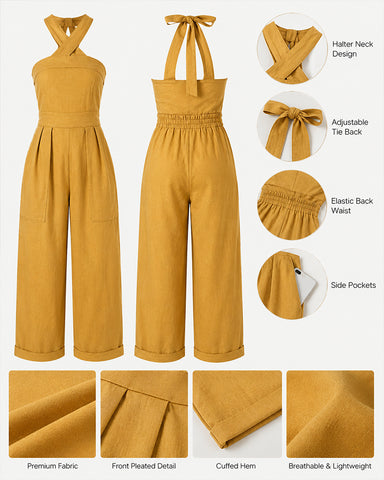 Cotton Linen Slim Fit Cross Neck Sleeveless Jumpsuit