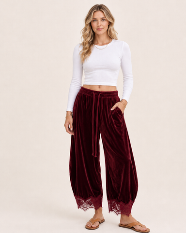 Corduroy Floral Lace Trim Wide Leg Pants