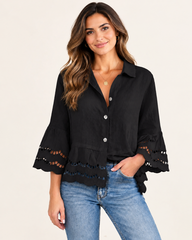 Women's Cotton Linen Lace Trim Blouse