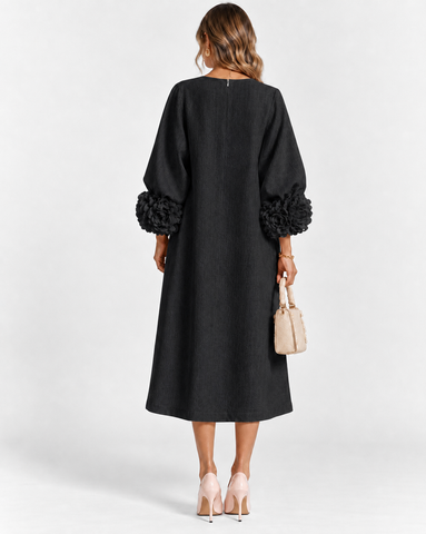 Cotton Linen Puff Sleeve Midi Dress