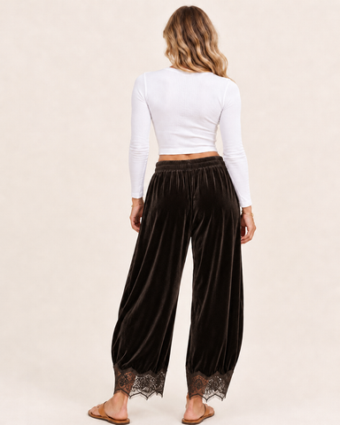 Corduroy Floral Lace Trim Wide Leg Pants
