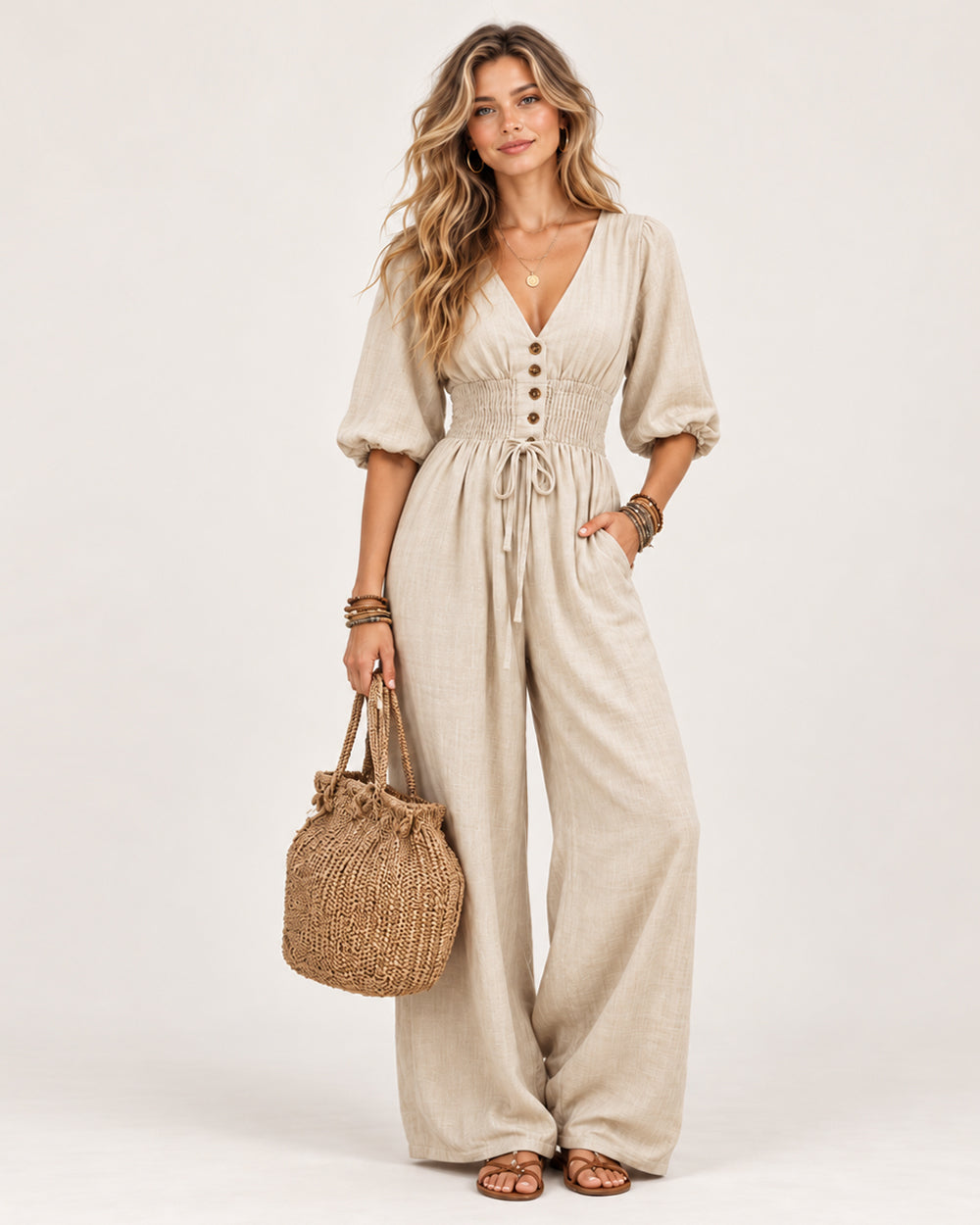 Women's Linen Blend V-Neck Wide-Leg Jumpsuit