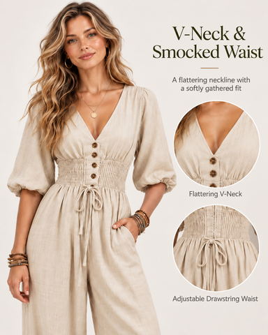 Women's Linen Blend V-Neck Wide-Leg Jumpsuit