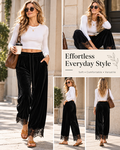 Corduroy Floral Lace Trim Wide Leg Pants