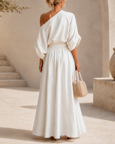 Elegant Cotton Linen Off-Shoulder Top and Wide-Leg Pants Set
