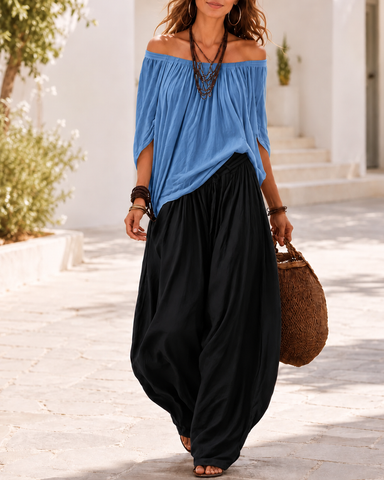 Colorblock Loose Off-Shoulder Top and Lantern Pants Set