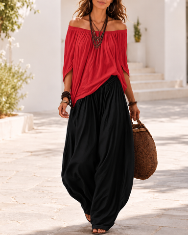 Colorblock Loose Off-Shoulder Top and Lantern Pants Set