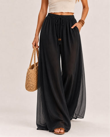 Deep V Chiffon Top and Drawstring Wide-Leg Pants