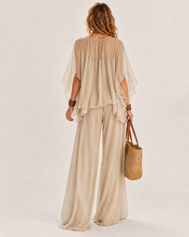 Deep V Chiffon Top and Drawstring Wide-Leg Pants