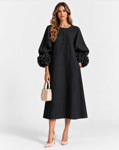 Cotton Linen Puff Sleeve Midi Dress