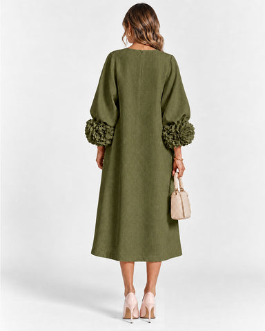 Cotton Linen Puff Sleeve Midi Dress
