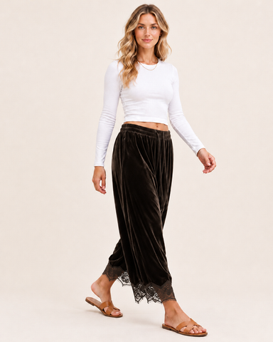 Corduroy Floral Lace Trim Wide Leg Pants