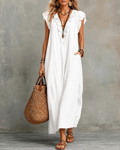 Cotton Linen V-Neck Maxi Dress