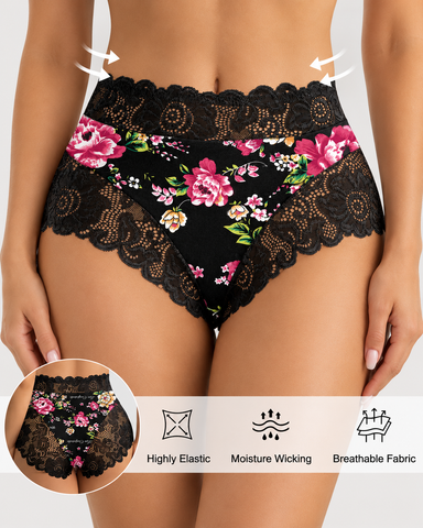 3-Pack High Waist Floral Print Lace Trim Panties