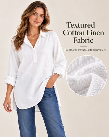 Women's Cotton Linen Button-Down Tunic Blouse